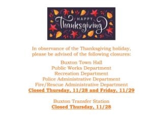 Thanksgiving poster: In observance of the Thanksgiving holiday, please be advised town offices will be closed Thursday Nov 28th and Friday Nov 29th