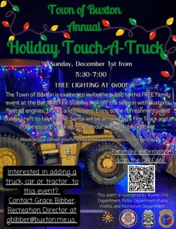 Holiday Touch a Truck, Sunday Dec 1st, Tree Lighting at 6pm